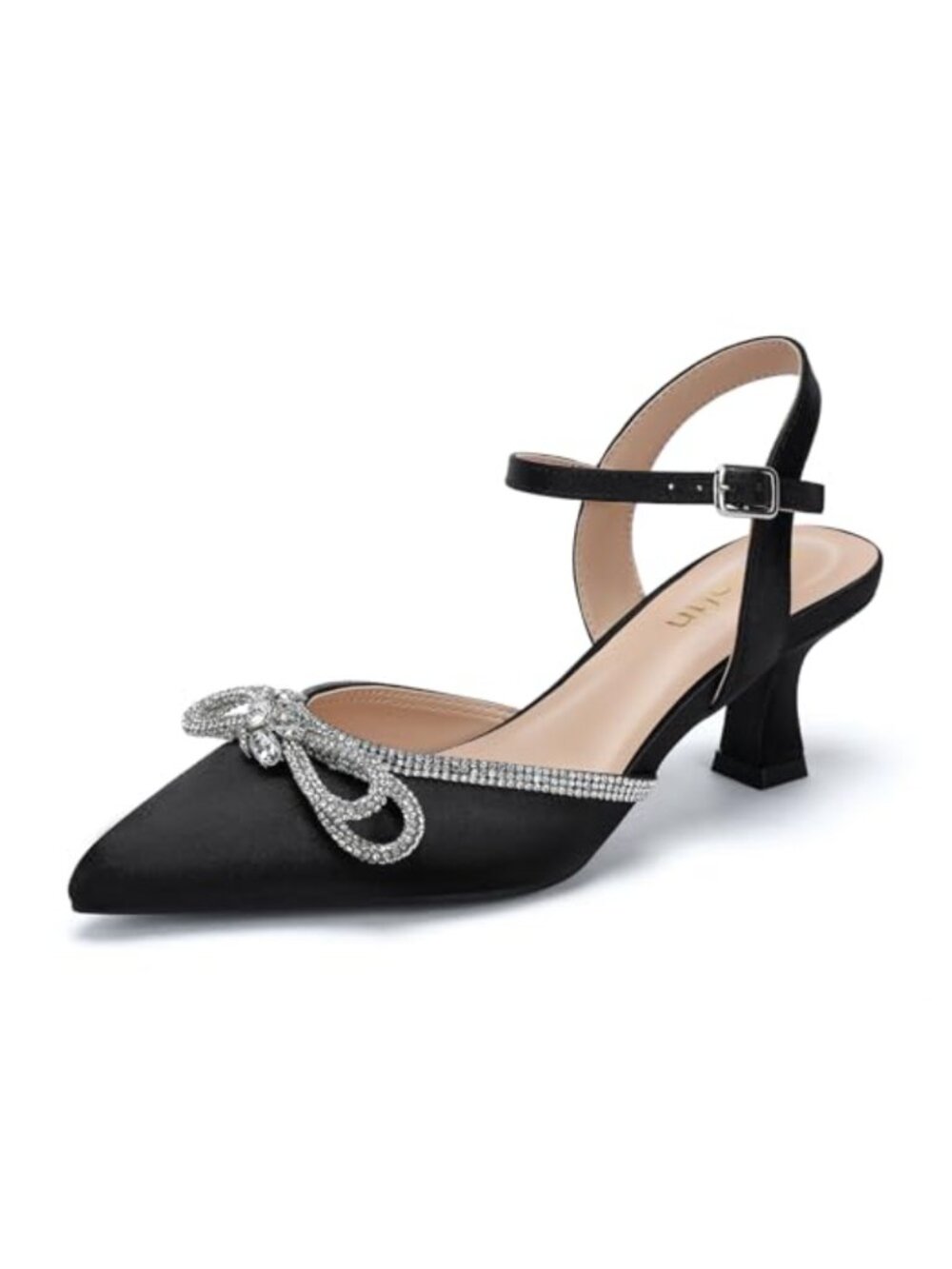 Wide Width Kitten Heels Rhinestone Bow Pointed Toe Ankle Strap Satin Pumps